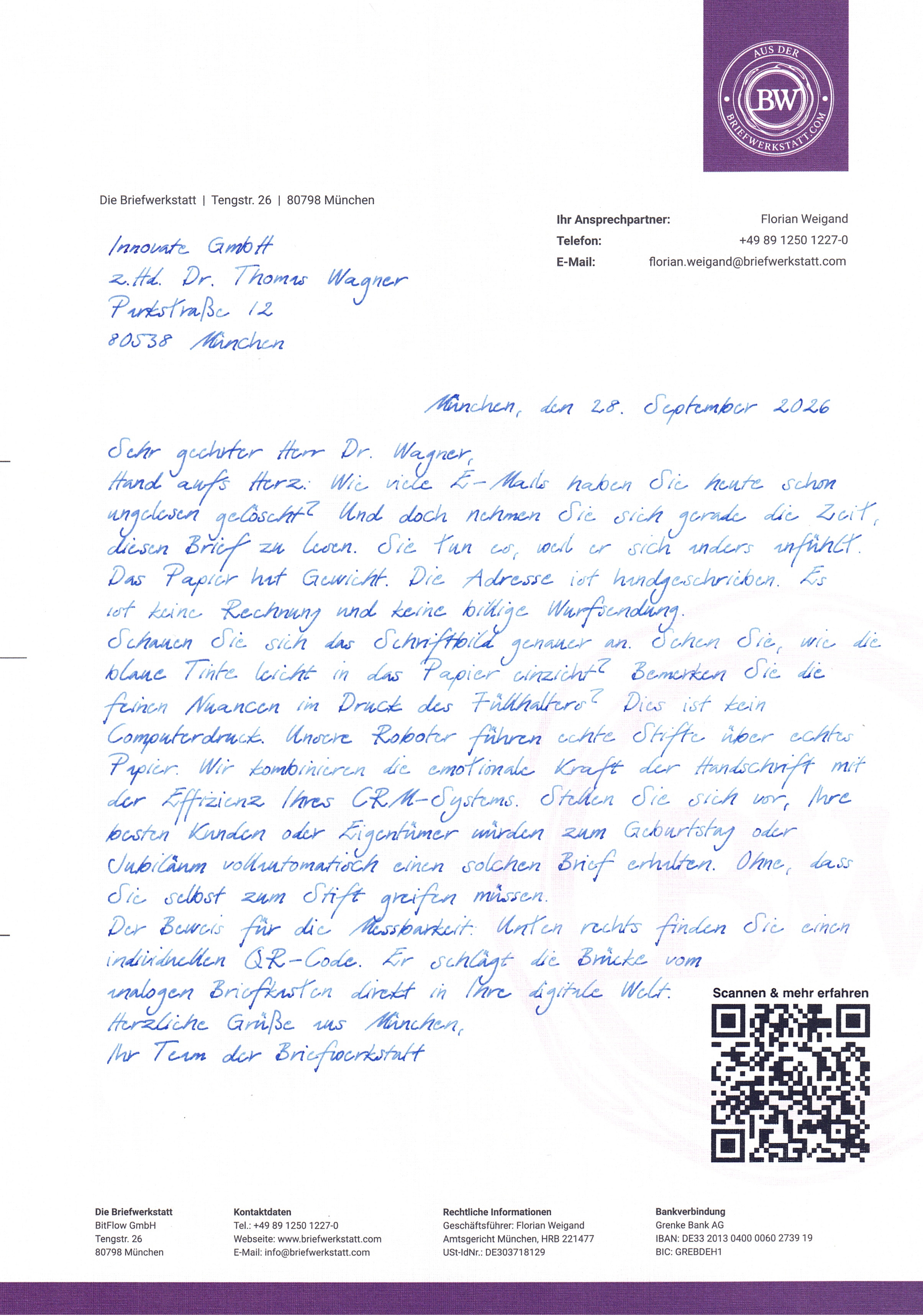 Handschriftlicher Brief auf Firmenbriefpapier
